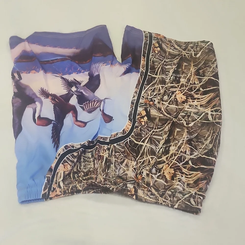 Men's Swim Shorts with Bird Print - Blue and Green